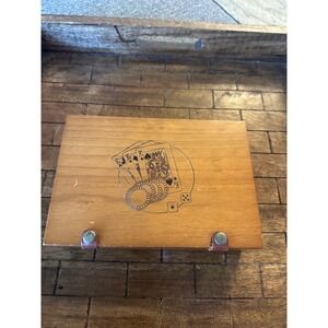 Vintage Wood Poker Game Set Double Lions Playing Cards Dice Chips Travel Box GUC